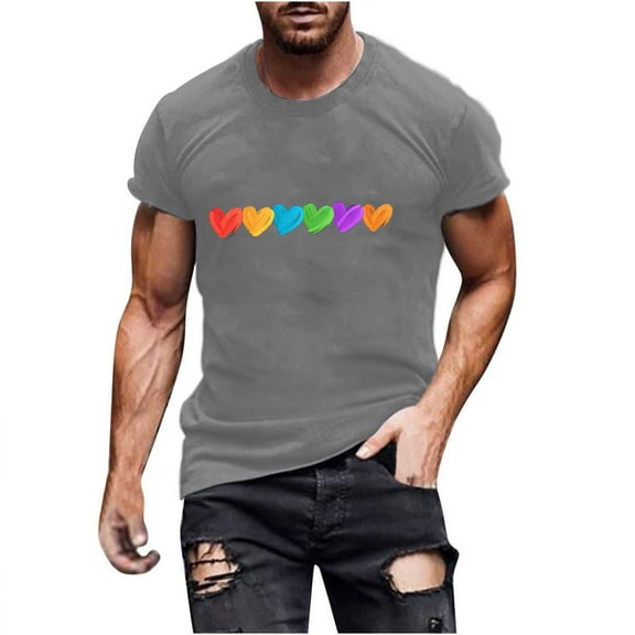 Busydd LGBTQ Pride Shirt Men Proud Rainbow Love Heart Graphic Tees Casual Comfortable Short Sleeve Summer Tops Stylish Round Neck Cotton T Shirts for Man 3XL