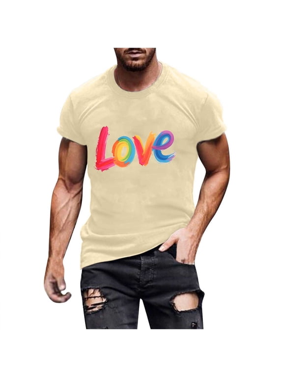 LGBTQ Pride Shirt Men Proud Rainbow Love Heart Graphic Tees Casual Comfortable Short Sleeve Summer Tops Stylish Round Neck Cotton T Shirts for Man 2XL