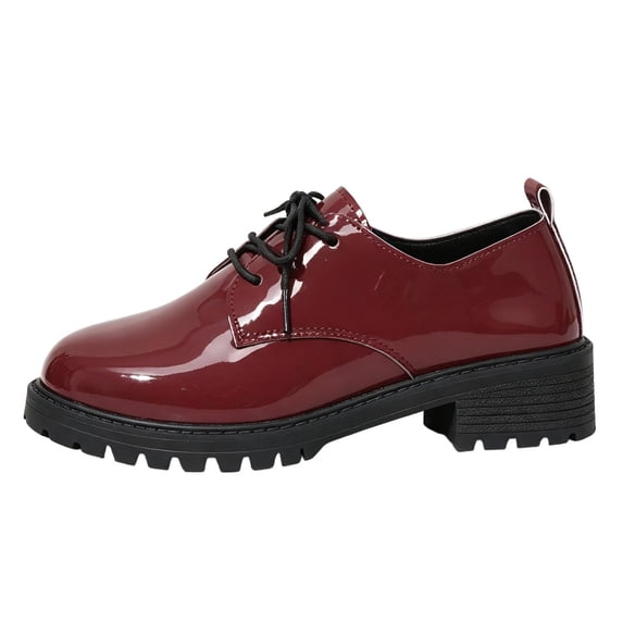 Busydd Lace Up Dress Shoes for Women Comfortable Solid Color Chunky Casual Shoes Fashion Round Toe Glossy Shoes