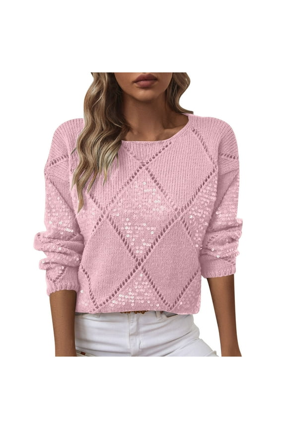 Ladies Sweaters Fall Fashion Sequin Long Sleeve Shirts for Women Casual Comfy Round Neck Knit Women Sweaters L