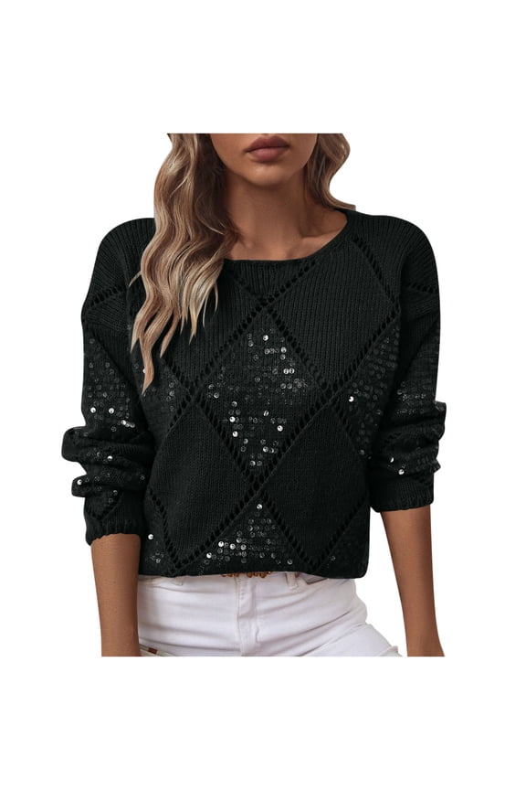 Ladies Sweaters Fall Fashion Sequin Long Sleeve Shirts for Women Casual Comfy Round Neck Knit Women Sweaters M