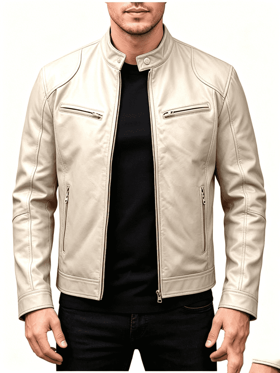 Leather Jacket for Men with Stand Collar and Zippered Pockets Trendy Casual Long Sleeve Solid Color Full Zip Fall Jackets 2XL