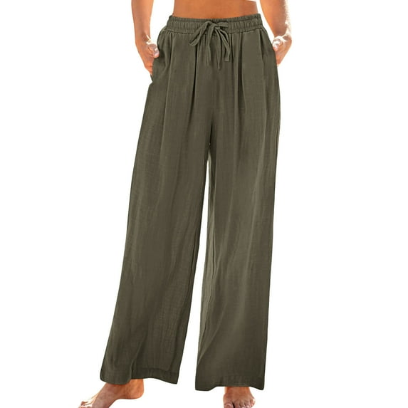 Busydd Linen Pants for Women Casual Comfy Elastic Waist Drawstring Pants Trendy Loose Solid Color Straight Leg Women's Pants with Pockets Army Green L