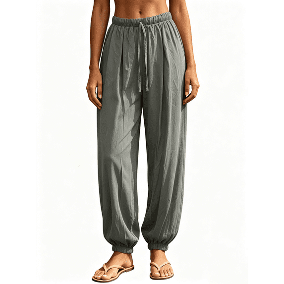 Busydd Linen Pants Women with Elastic Ankles and Drawstring Waist Casual Trendy Solid Color Women's Pants L