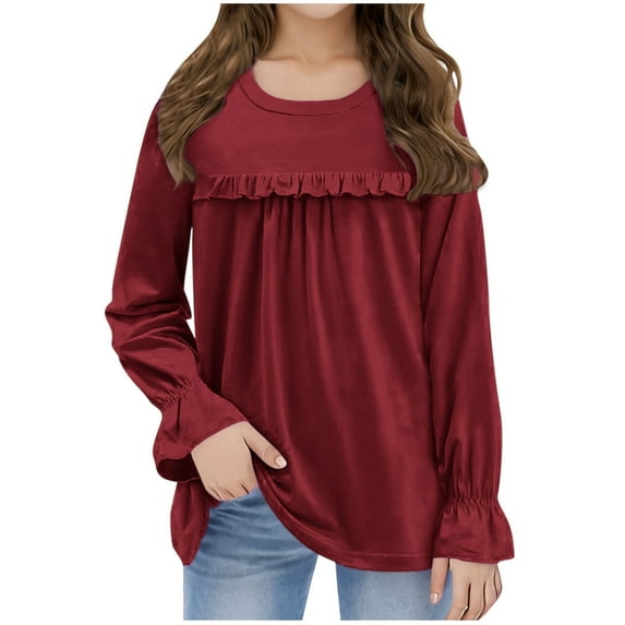 Busydd Little Girl Clothes 5-13 Years Casual Solid Color Toddler Girls' Tops Trendy Pleated Round Neck Kids Clothes Tees Long Sleeve Shirts for Girls