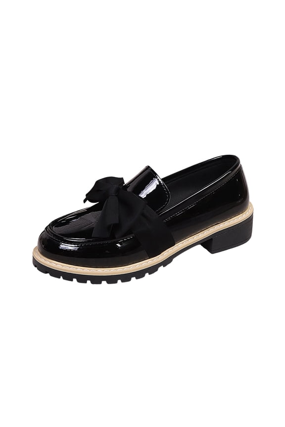 Loafers for Women Trendy Bow Block Heel Slip on Shoes Women Comfortable Casual Round Toe Solid Color Leather Women'S Shoes 9.5