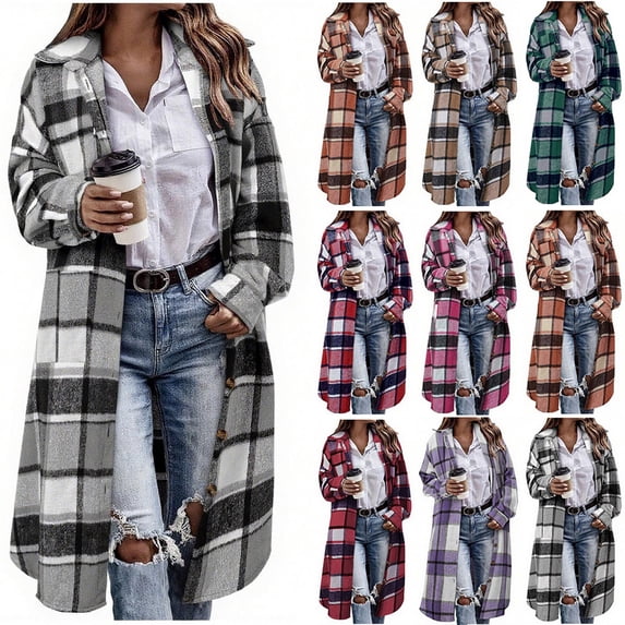 Busydd Long Jackets for Women Fashion Lapel Button Plaid Shirts for Women Casual Long Sleeve Fall Womens Jacket with Pockets XL