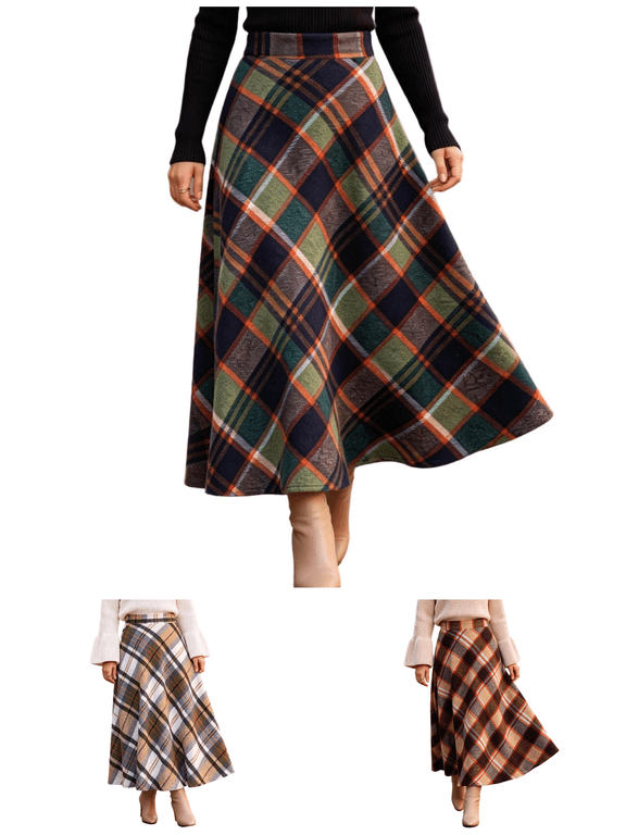 Long Skirts for Women Trendy Plaid High Waisted A-Line Skirt Casual Classic Elastic Waist Maxi Skirt