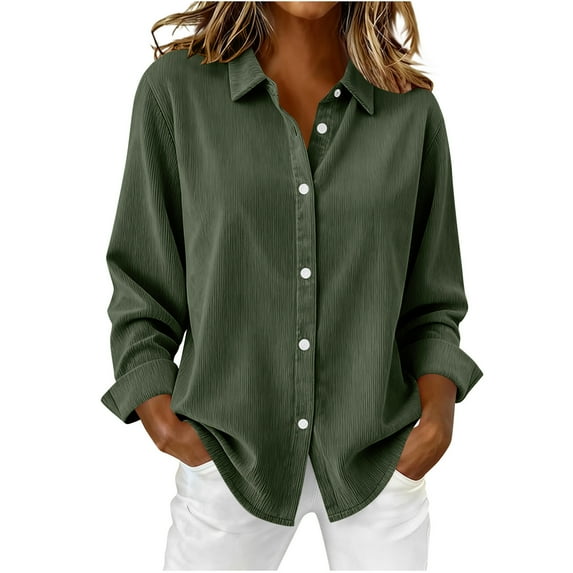 Busydd Long Sleeve Shirts for Women Solid Color Button up Blouses for Women Dressy Casual Lapel Womens Shirts 2XL
