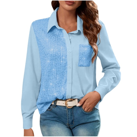 Busydd Long Sleeve Shirts for Women Trendy Sequin Button Down Ladies Tops and Blouses Dressy Casual Solid Color Lapel Women's Tops with Pocket S