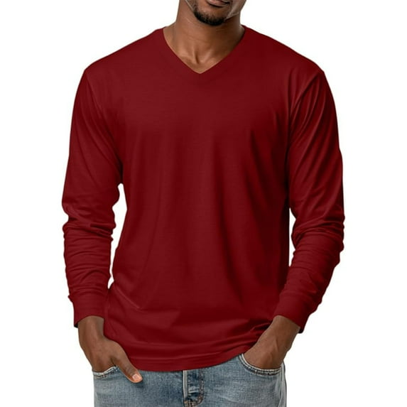 Busydd Long Sleeve T Shirt Men Casual Solid Color V Neck T Shirts Men Fashion Versatile Comfortable Mens T-Shirts S