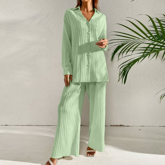 Busydd Lounge Sets for Women Trendy Ribbed Solid Color 2 Piece Sets for Women Casual Comfy Long Sleeve Button Up Shirts and Pants Loungewear Set XL