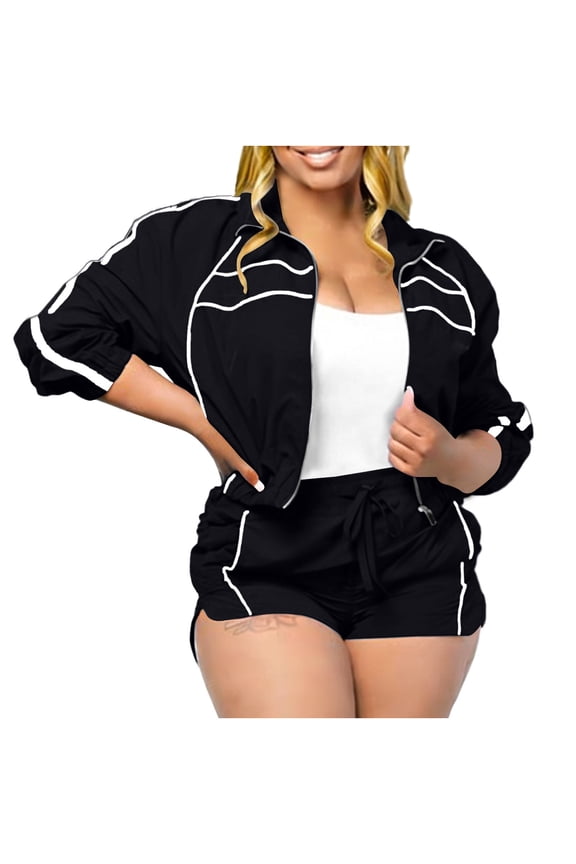 Lounge Sets for Women Trendy Solid Color Striped Two Piece Sets for Women Casual Workout Long Sleeve Zip Up Jacket and Shorts Womens Sets