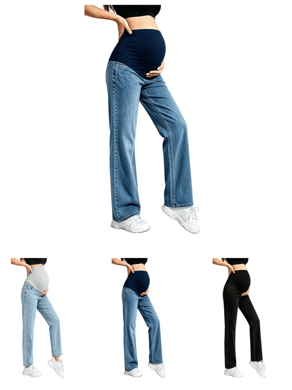 Maternity Jeans for Women Over The Belly High Waisted Pregnancy Pants Comfy Support Loose Straight Leg Denim Pants M