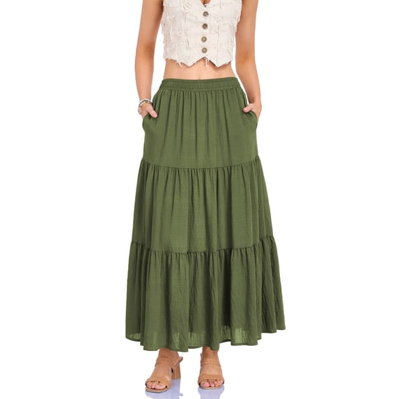 Busydd Maxi Skirts for Women Casual Tiered Solid Color Linen Skirt Comfy Elastic Waist Summer Skirts with Pockets S