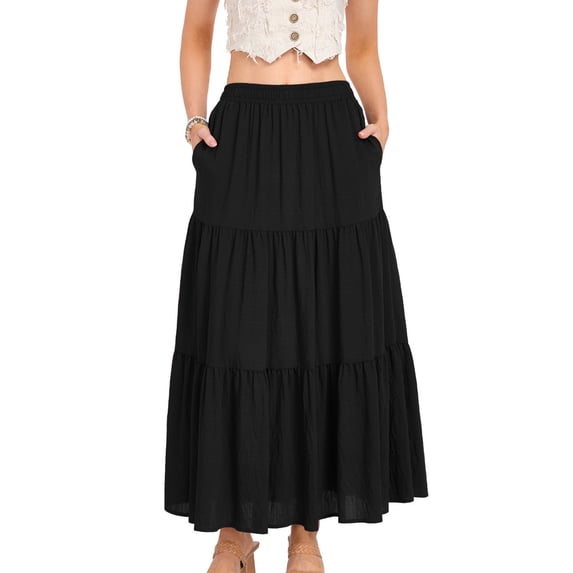 Busydd Maxi Skirts for Women Casual Tiered Solid Color Linen Skirt Comfy Elastic Waist Summer Skirts with Pockets S