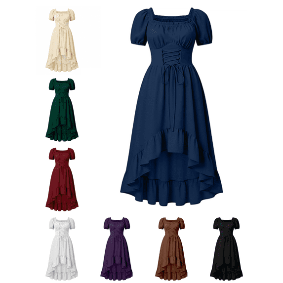 Busydd Medieval Dress for Women Solid Color Corset Lace Up Renaissance Costume Women Short Sleeve Asymmetrical Hem Maxi Dresses L
