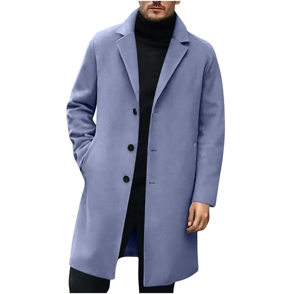 Busydd Men Trench Coat Trendy Button Solid Color Lapel Long Jackets for Men Casual Warm Wool Winter Jackets for Men with Pockets