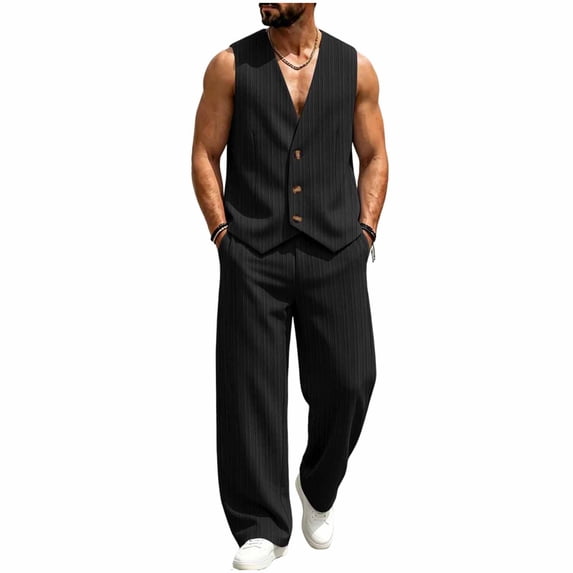 Busydd Men Two Piece Sets Trendy Ribbed V Neck Sleeveless Button Vest and Pants Suit Casual Solid Color Beach Vacation Outfits L