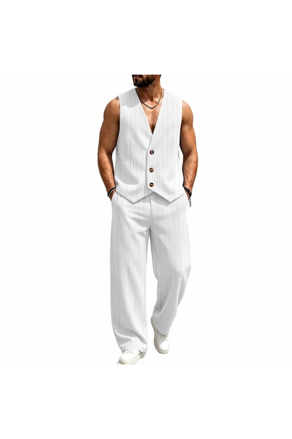 Men Two Piece Sets Trendy Ribbed V Neck Sleeveless Button Vest and Pants Suit Casual Solid Color Beach Vacation Outfits M