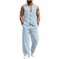 thumbnail image 1 of Busydd Men Two Piece Sets Trendy Ribbed V Neck Sleeveless Button Vest and Pants Suit Casual Solid Color Beach Vacation Outfits S, 1 of 7