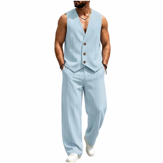 Busydd Men Two Piece Sets Trendy Ribbed V Neck Sleeveless Button Vest and Pants Suit Casual Solid Color Beach Vacation Outfits S