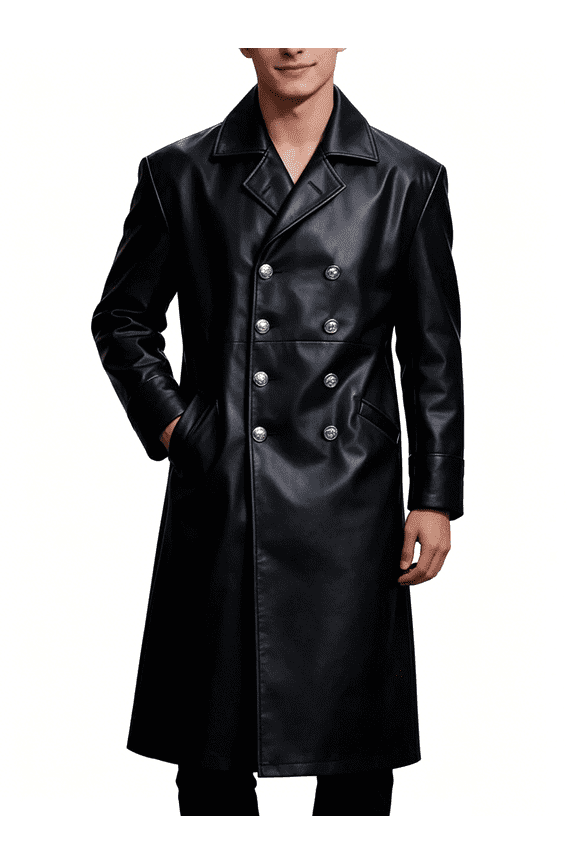 Men's Leather Jacket Fashion Double Breasted Buttons Long Sleeve Trench Coat Casual Solid Color Long Jackets 3XL