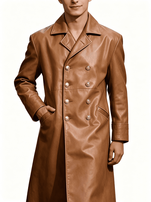 Men's Leather Jacket Fashion Double Breasted Buttons Long Sleeve Trench Coat Casual Solid Color Long Jackets L