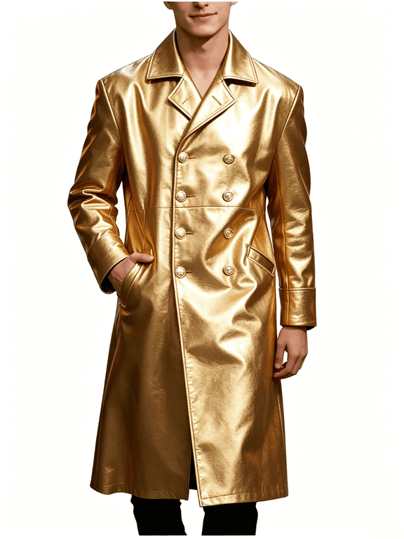 Men's Leather Jacket Fashion Double Breasted Buttons Long Sleeve Trench Coat Casual Solid Color Long Jackets S