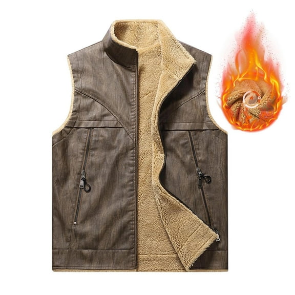 Busydd Men's Outerwear Vests Solid Color Sleeveless Fleece Vest Casual Comfy Warm Leather Vest for Men Fashion Zipper Stand Collar Mens Vest with Pockets 2XL