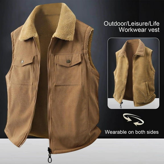 Busydd Men's Outerwear Vests Solid Color Sleeveless Fleece Vest Casual Comfy Warm Reversible Vest for Men Fashion Zipper Lapel Men's Vest with Pockets XL