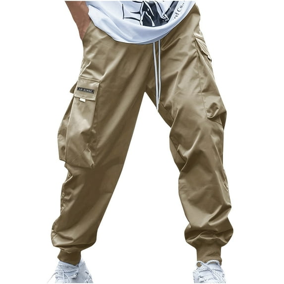 Busydd Men's Pants Multi Pockets Drawstring Cargo Pants Solid Color Elastic Waist Athletic Hiking Pants Casual Baggy Straight Leg Sweatpants Loose Oversized Elastic Bottom Work Pants M-3XL