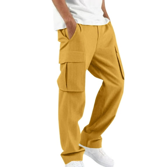 Busydd Men's Pants Solid Color Elastic Waist Cargo Pants for Men Trendy Comfortable Ribbed Cotton Sweatpants for Men Casual Baggy Straight Leg Hiking Trousers with Pockets L