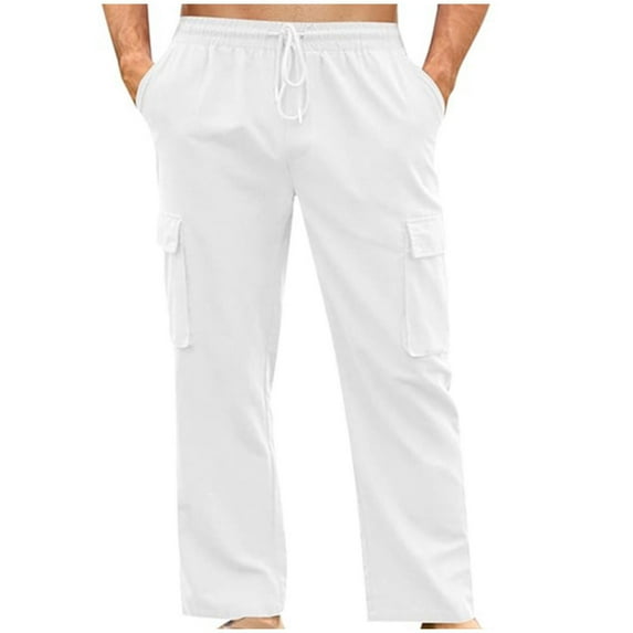Busydd Men's Pants Solid Color Elastic Waist Casual Pants Summer Comfy Drawstring Sweatpants for Men Trendy Baggy Straight Leg Trousers with Pockets