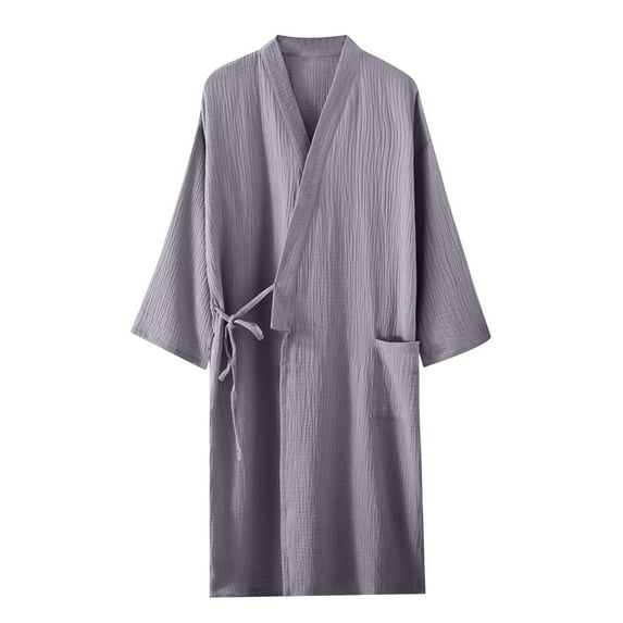 Busydd Men's Robe Casual Solid Color Drawstring Bathrobes Fashion Pocket Cotton Robe Lightweight Knee Length Robes Nightgown