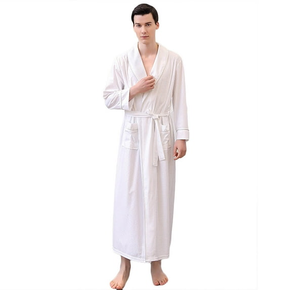 Busydd Men's Robe Solid Color Long Sleeve Men's Bathrobes Casual Comfy Lapel Robe for Men Self-Tie Belt Men's Sleepwear with Pockets M