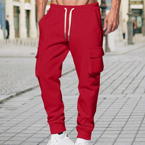Busydd Men's Sweatpants Solid Color Elastic Waist Mens Cargo Pants Comfy Drawstring Fleece Athletic Pants for Men with Pockets M