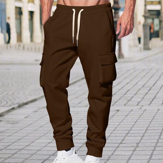 Busydd Men's Sweatpants Solid Color Elastic Waist Mens Cargo Pants Comfy Drawstring Fleece Athletic Pants for Men with Pockets XL