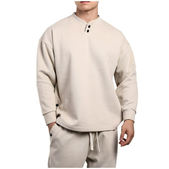 Busydd Men's Sweatshirts Solid Color Cotton Pullover Sweatshirt Long Sleeve Button Crew Neck Sweatshirt for Mens Casual Loose Oversized Hoodies Plus Size Sweatshirt M-3XL