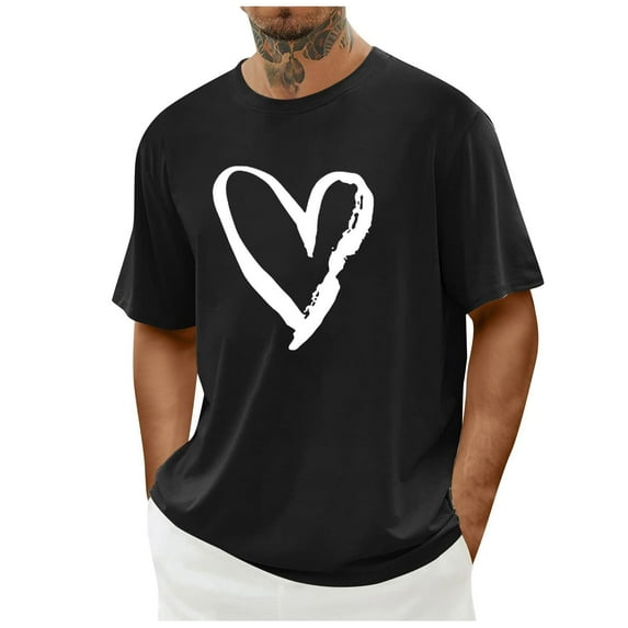 Busydd Men's T-Shirts Fashion Love Heart Print Valentines Day Shirt Casual Summer Round Neck Short Sleeve Mens Tshirt L