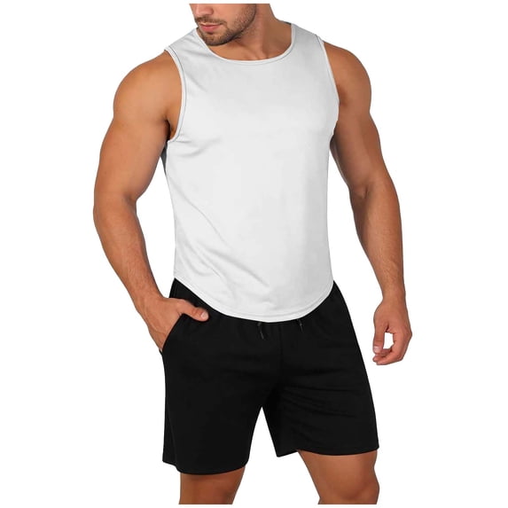 Busydd Mens 2 Piece Outfits Solid Color Round Neck Tank Top and Drawstring Shorts Beach Outfit Casual Vacation Mens Summer Clothes L