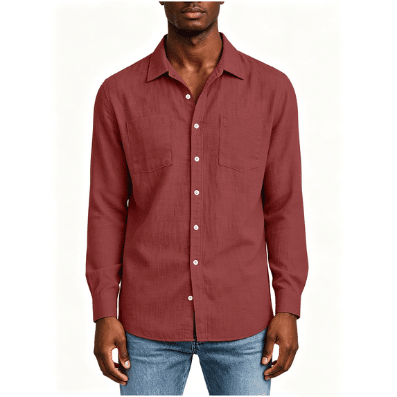 Busydd Mens Button Down Shirt with Front Pocket Solid Color Long Sleeve Shirts for Men Dressy Casual Turndown Collar Shirts L