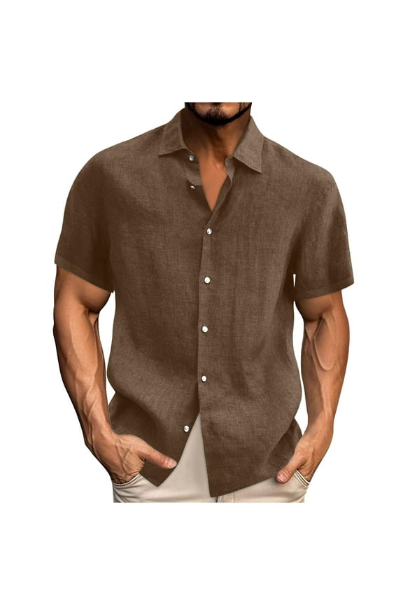 Mens Dress Shirts Short Sleeve Button Up Shirts Casual Solid Color Cotton Linen Shirts for Men Stylish Turndown Collar Oversized Blouses Plus Size S-5XL