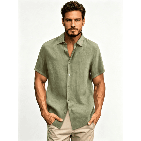 Busydd Mens Dress Shirts Short Sleeve Button Up Shirts Casual Solid Color Cotton Linen Shirts for Men Stylish Turndown Collar Oversized Blouses Plus Size S-5XL