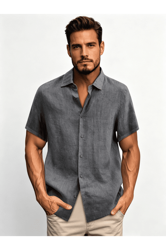 Mens Dress Shirts Short Sleeve Button Up Shirts Casual Solid Color Cotton Linen Shirts for Men Stylish Turndown Collar Oversized Blouses Plus Size S-5XL