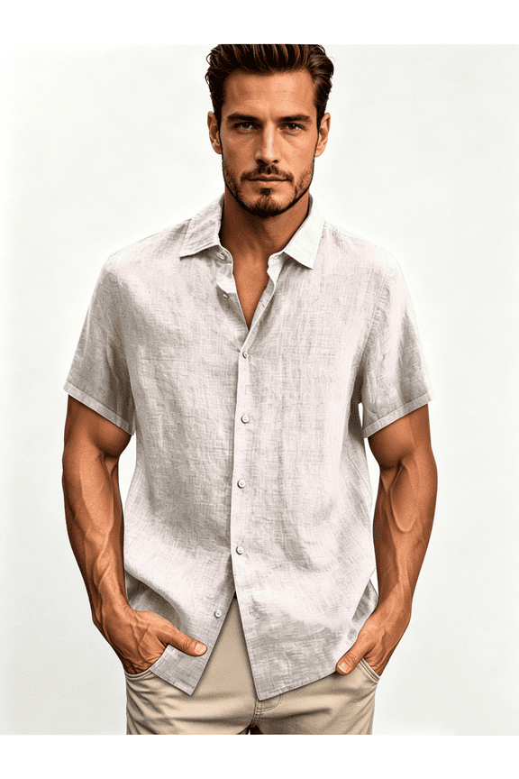 Mens Dress Shirts Short Sleeve Button Up Shirts Casual Solid Color Cotton Linen Shirts for Men Stylish Turndown Collar Oversized Blouses Plus Size S-25XL