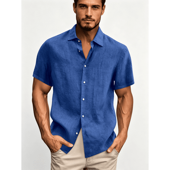 Busydd Mens Dress Shirts Short Sleeve Button Up Shirts Casual Solid Color Cotton Linen Shirts for Men Stylish Turndown Collar Oversized Blouses Plus Size S-5XL
