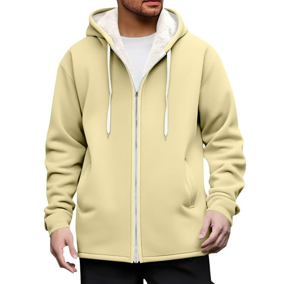 Busydd Mens Fleece Jacket Warm Comfy Long Sleeve Drawstring Hoodies for Men Trendy Solid Color Zip up Mens Winter Jacket with Pockets L