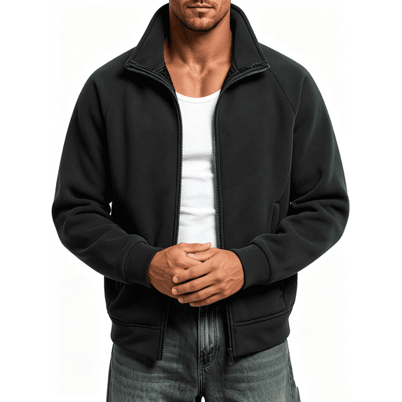 Busydd Mens Fleece Jacket with Pockets Fashion Warm Stand Collar Zip Up Jackets Casual Comfortable Solid Color Long Sleeve Winter Jackets 3XL