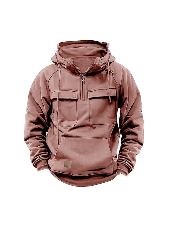 Mens Hooded Sweatshirts Quarter Zip Cargo Hoodies Pullover Tops Long Sleeve Solid Color Oversized Hoodie Casual Fashion Sports Gym Athletic Jogger Winter Jackets with Pockets S-3XL